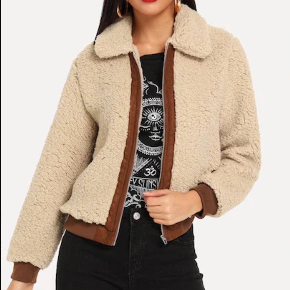 LAST ONE Cream Teddy Jacket With Dark Trim - Picture 2 of 5